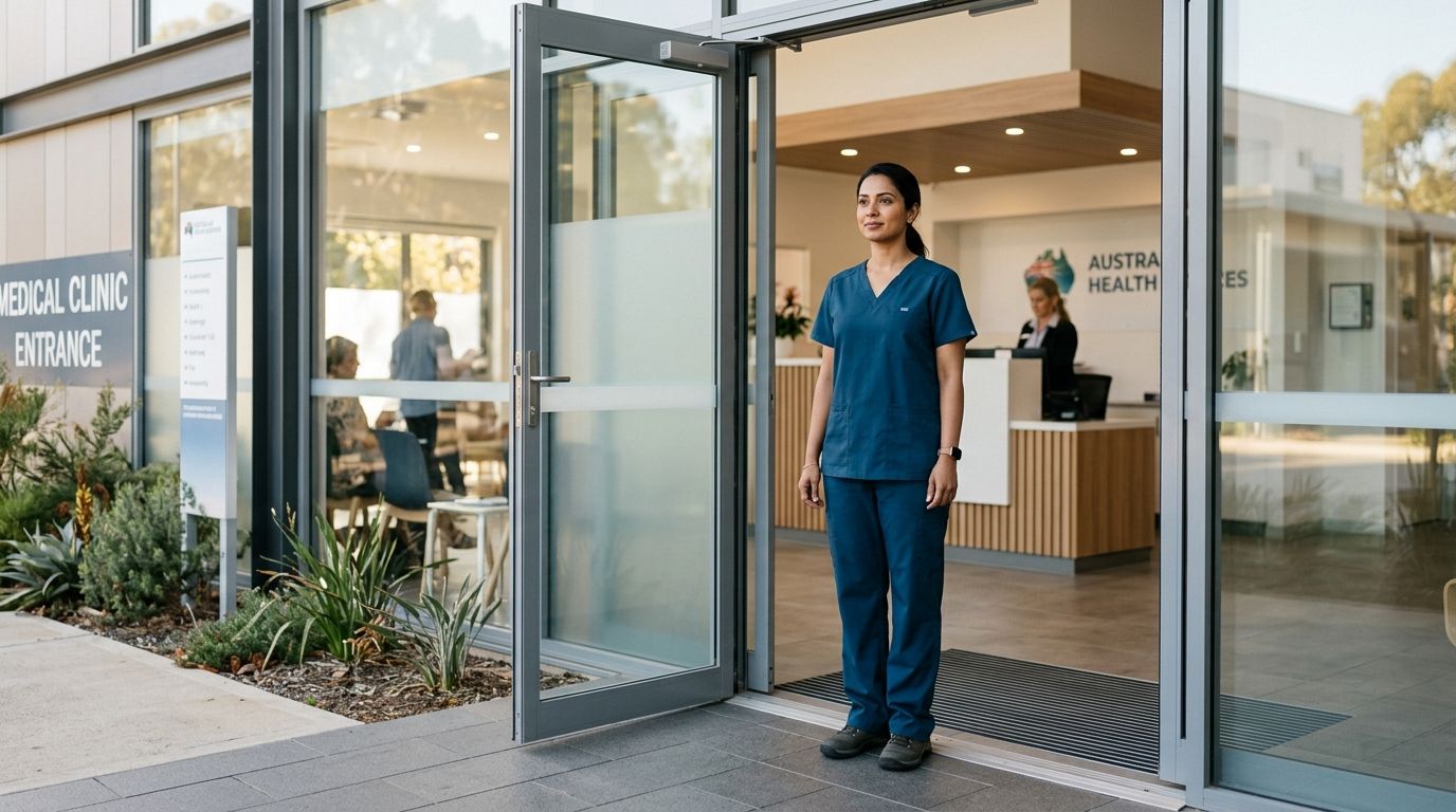 South Asian nurse standing outside an Australian clinic, representing her pathway to local qualification recognition