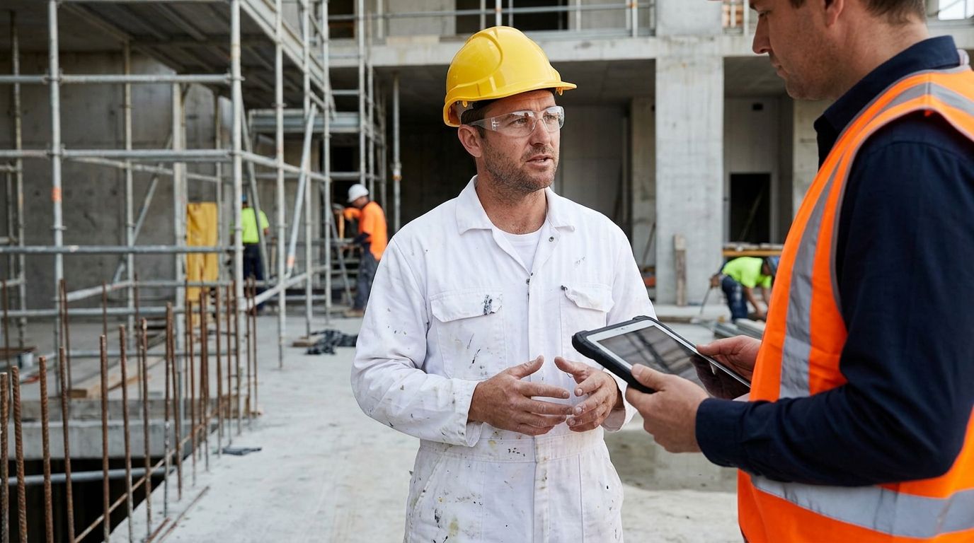 An experienced Australian painter in white overalls speaking with a site inspector on a commercial construction site