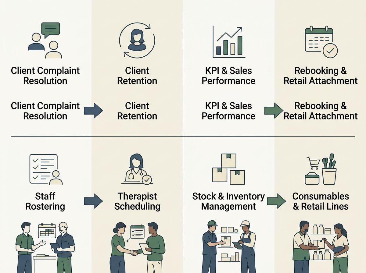 A 2x2 grid diagram mapping retail manager skills directly to beauty clinic manager duties.