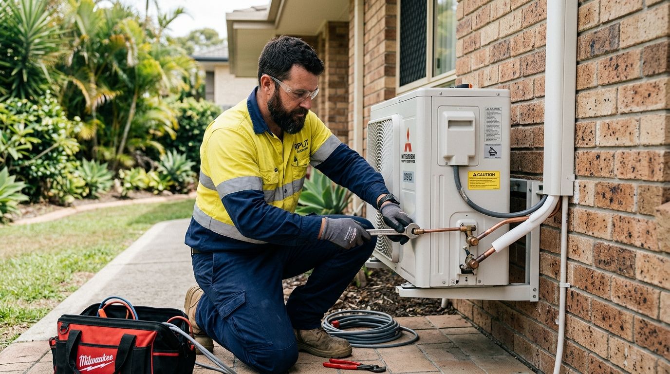 HVAC installer fitting a split system air conditioning unit — cert 2 air conditioning QLD qualification