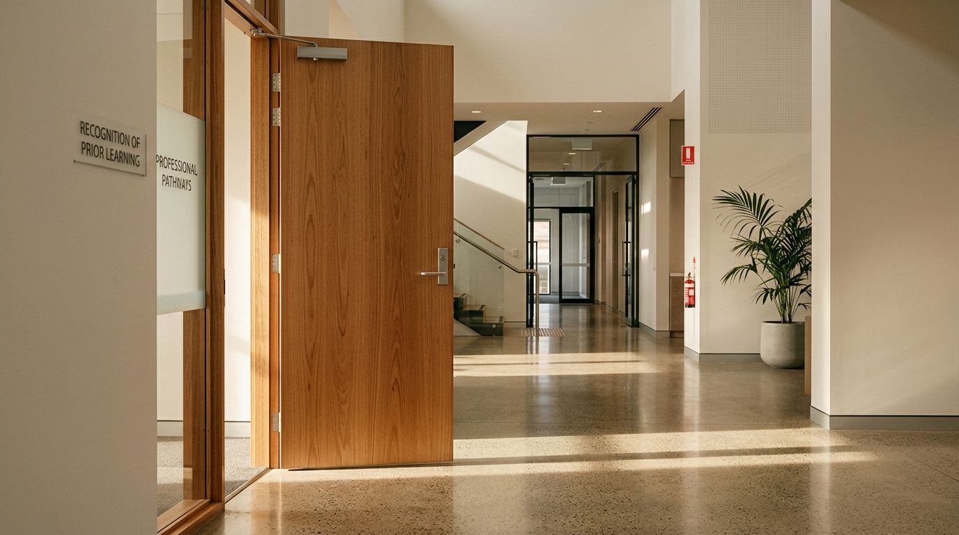 A wooden door slightly ajar in a modern Australian building hallway with natural light streaming through.