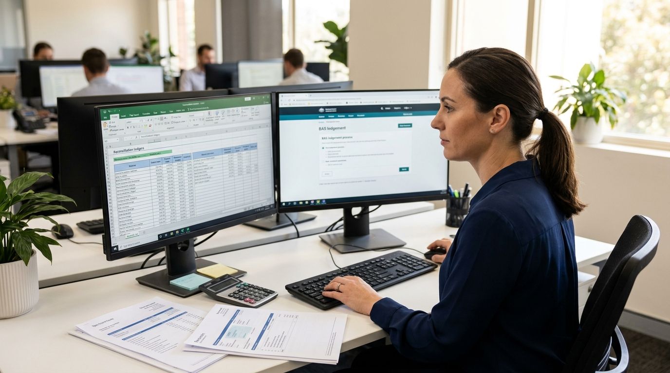 Accounting professional reviewing financial spreadsheets and BAS lodgements at an Australian desk