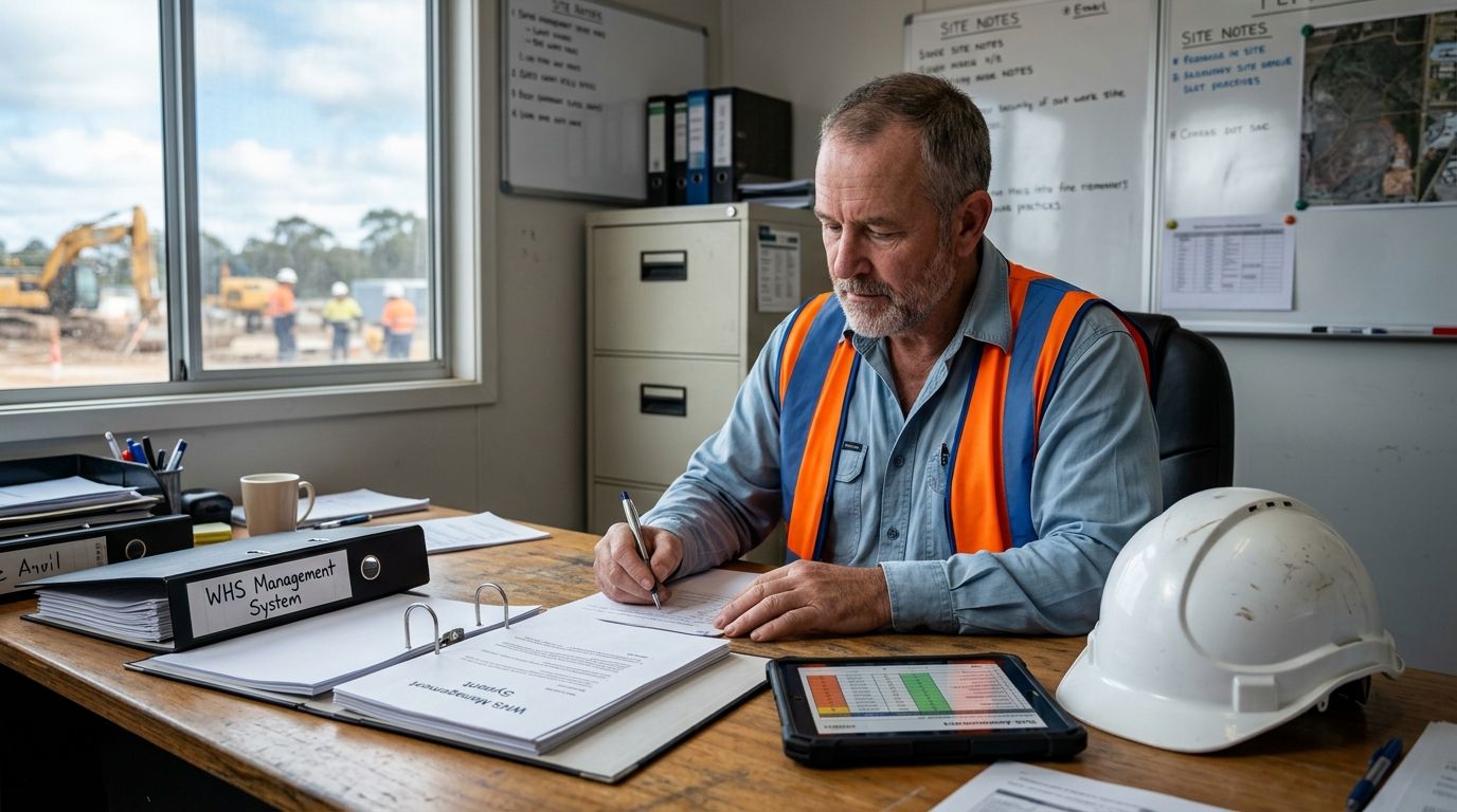 An experienced Australian safety manager reviewing a WHS management system document at a site office desk