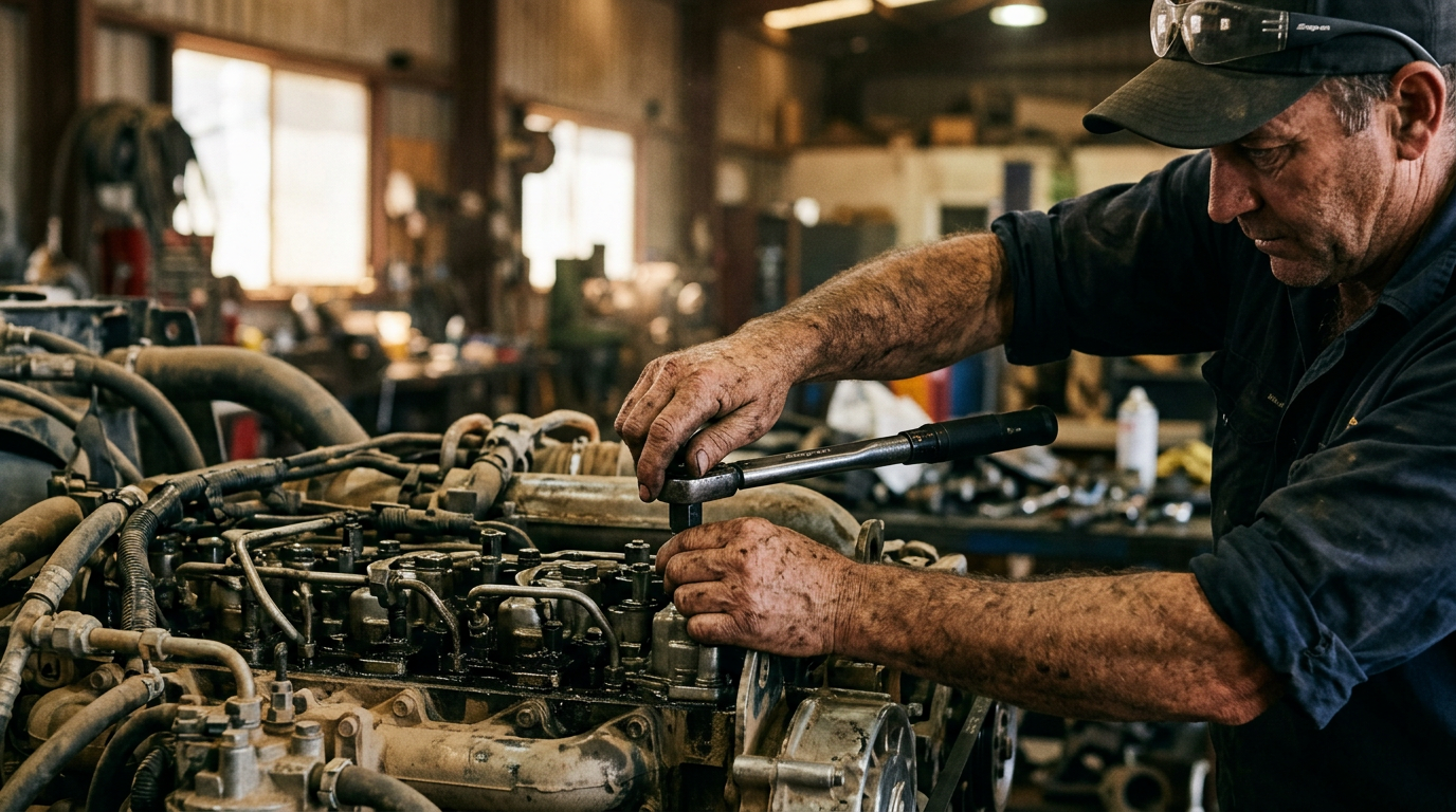 Experienced mechanic working on a complex industrial engine, showcasing transferable trade skills in Australia.