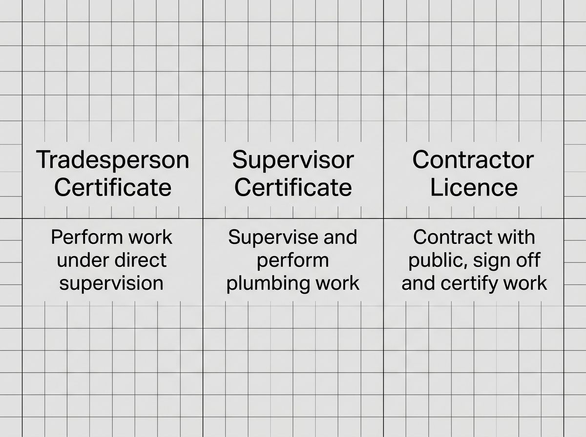 Diagram showing NSW plumbing licence categories including Tradesperson, Supervisor, and Contractor tiers.