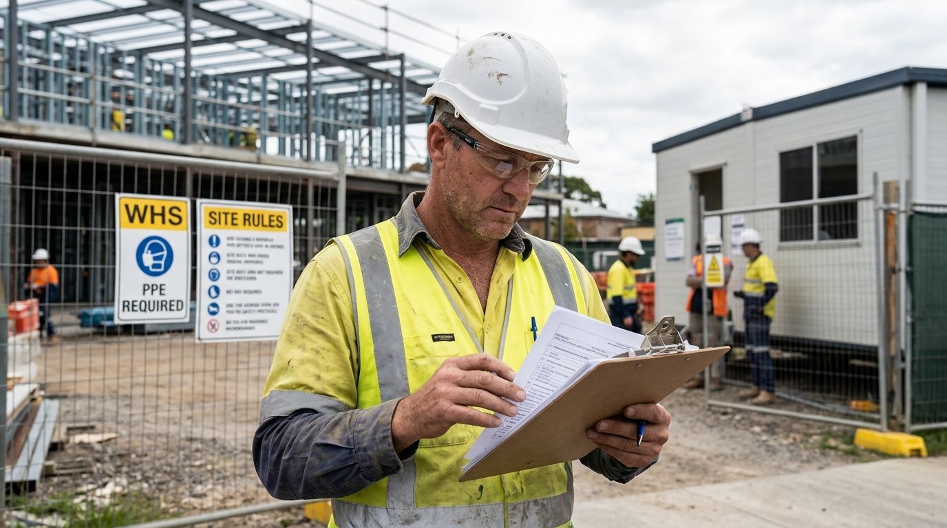 Experienced construction supervisor reviewing compliance paperwork at an Australian site entrance.