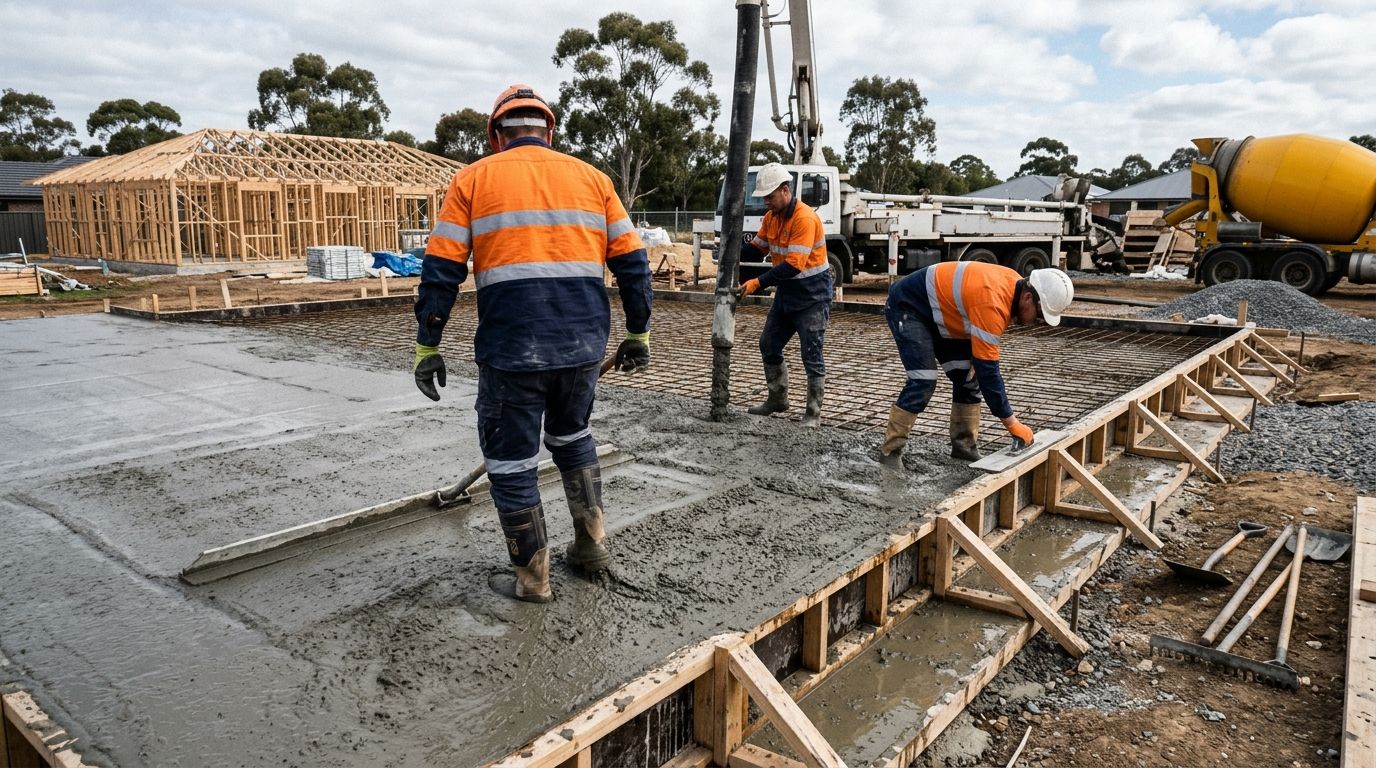 Concreting crew finishing a wet concrete slab on a Victorian construction site.