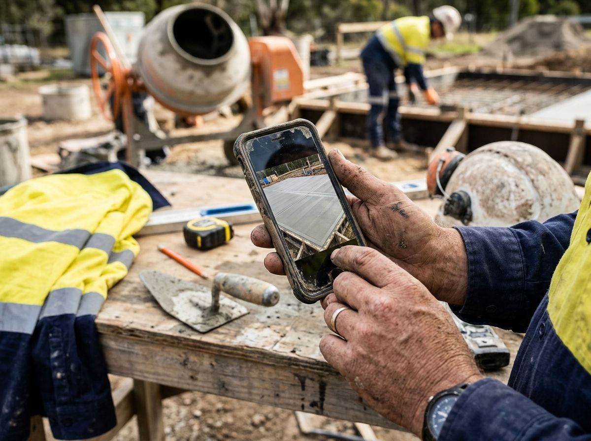Tradesperson using a smartphone to review on-site photographs of completed concrete work for an RPL portfolio