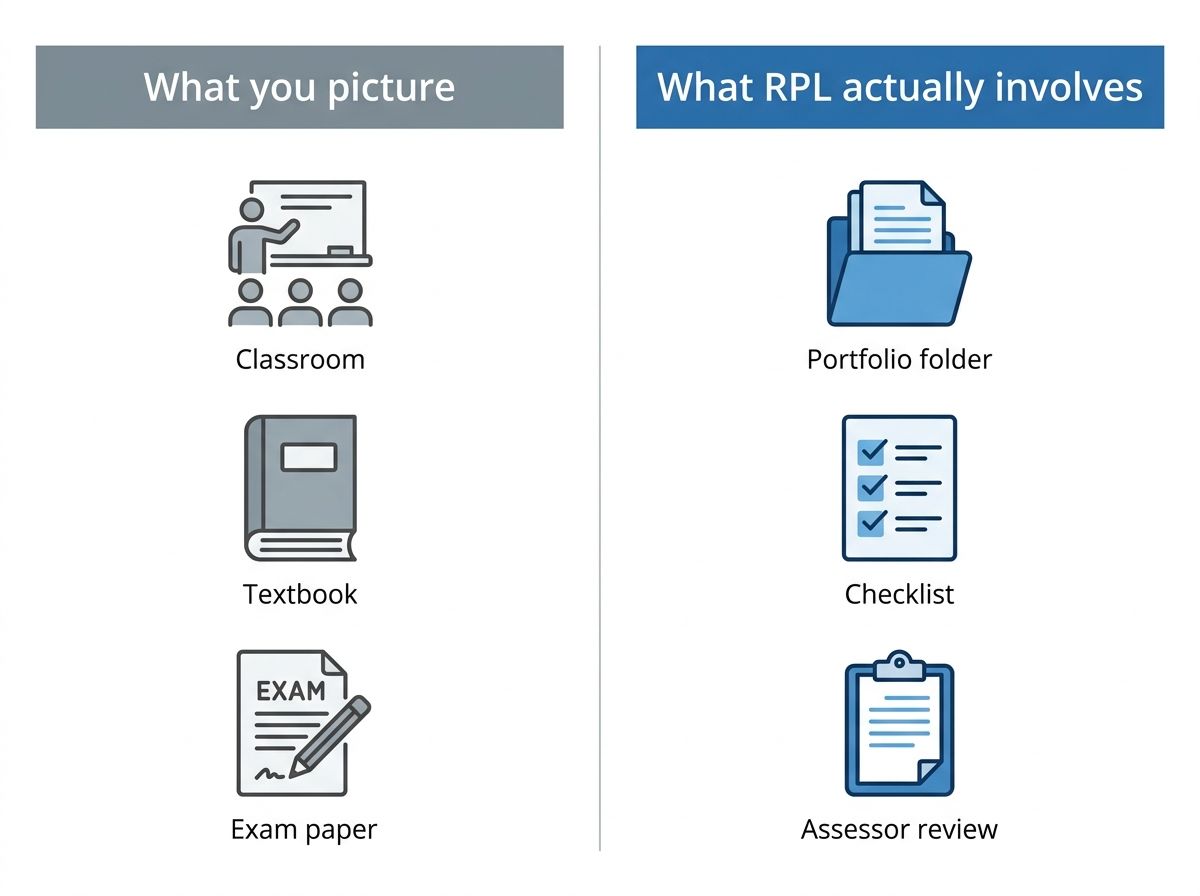 Comparison diagram: what you picture for cert IV plumbing RPL versus what the assessment process actually involves