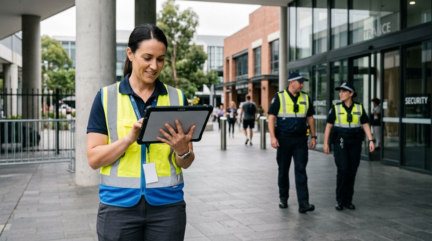 Security operations manager reviewing guard roster in an Australian workplace