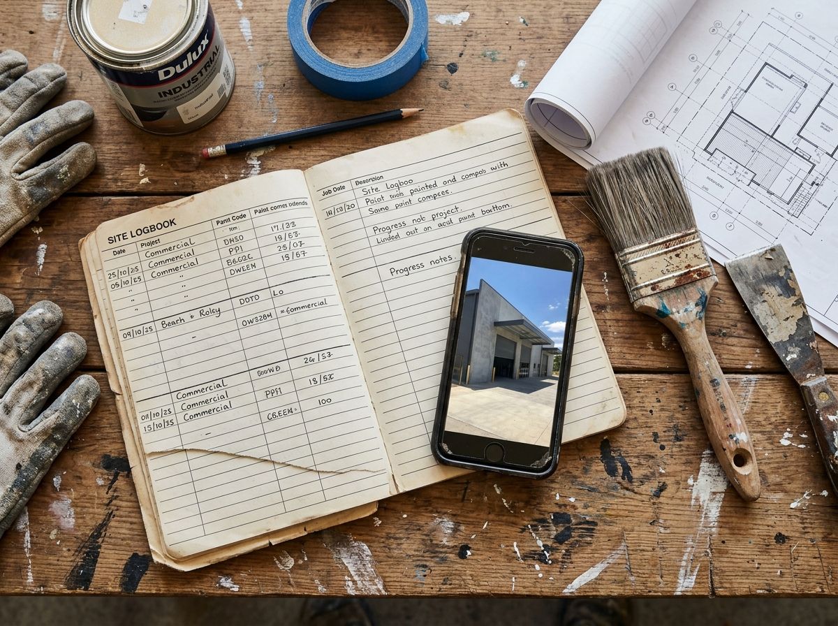 Painting contractor RPL evidence portfolio with tools and job photos on a workbench