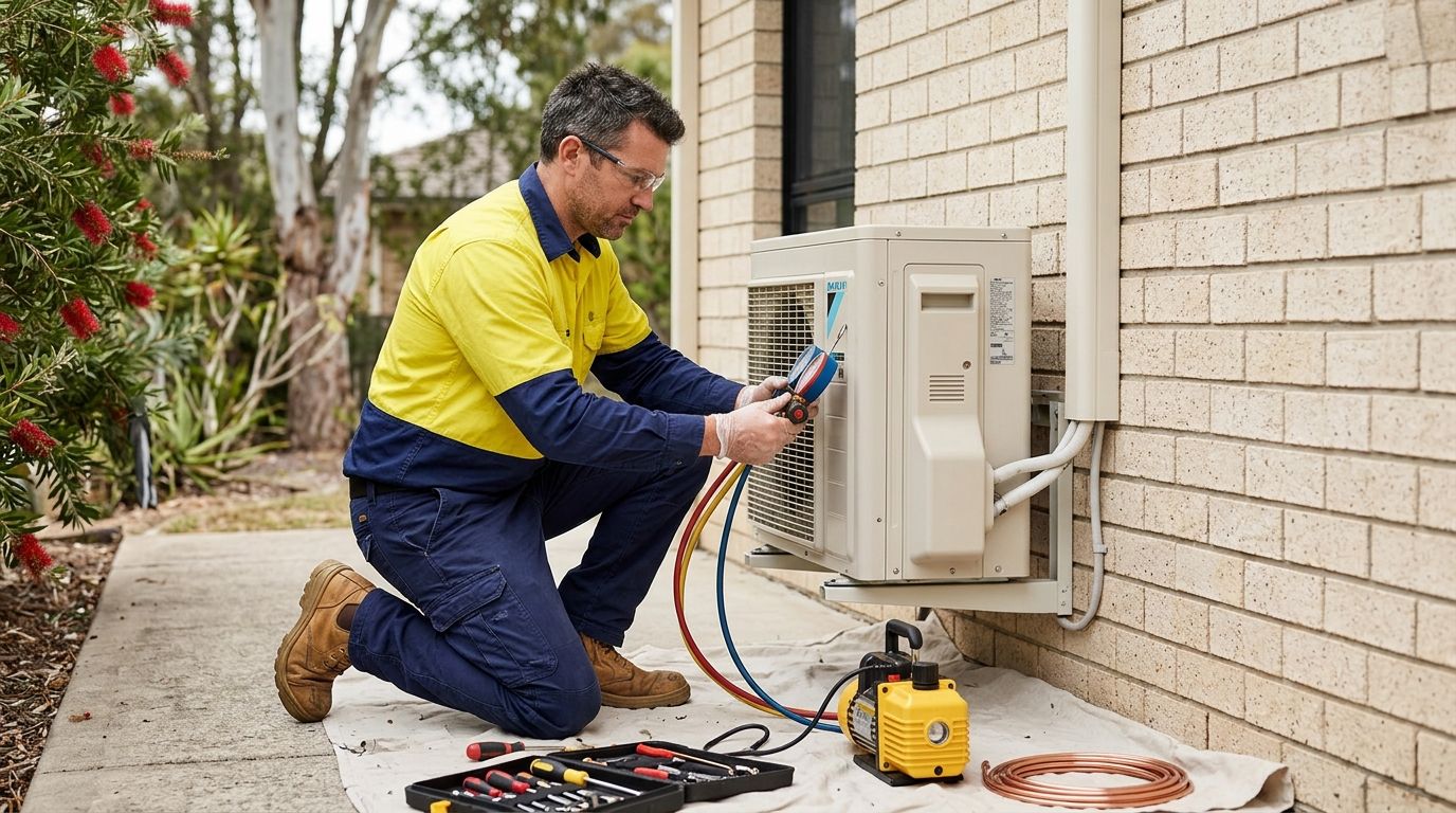 Experienced tradesperson installing a split system air conditioning unit on an exterior brick wall