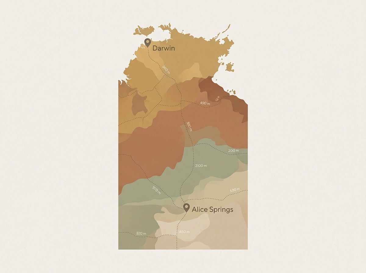 Minimalist map of the Northern Territory highlighting Darwin, Alice Springs, and regional isolation.