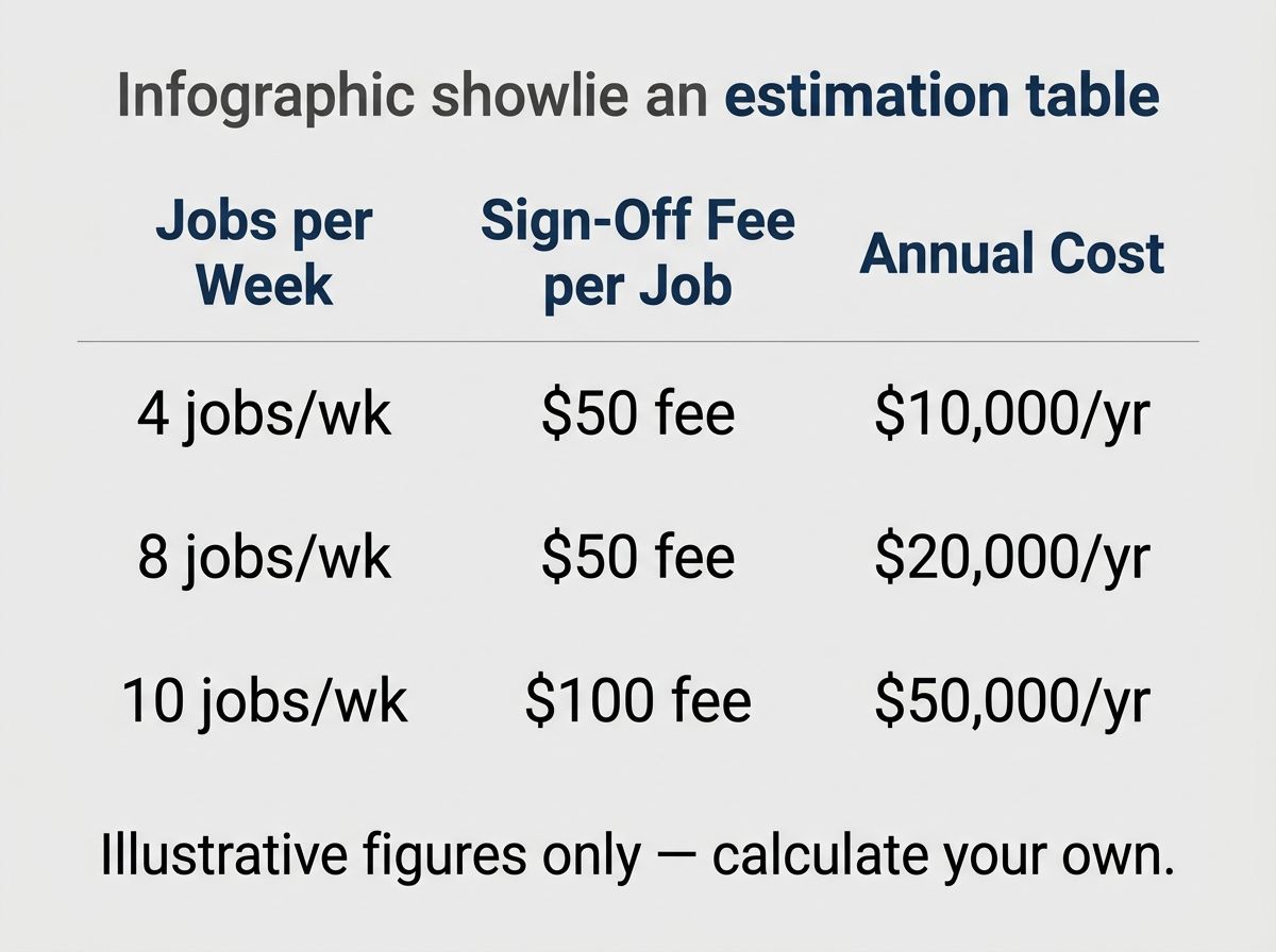 A clean table showing illustrative calculations of the annual cost of plumbing sign-off fees.