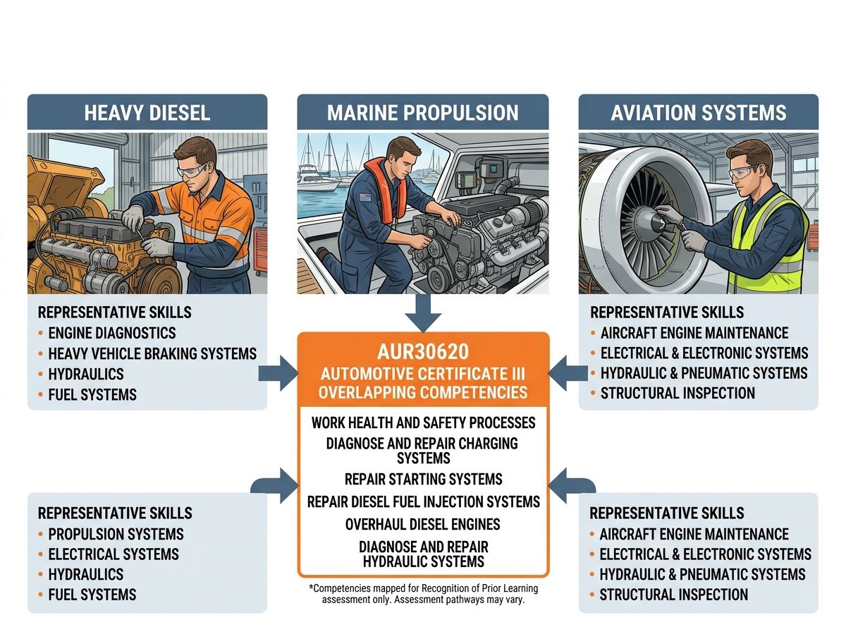 Infographic mapping heavy diesel, marine, and aviation skills to AUR30620 automotive qualification units.