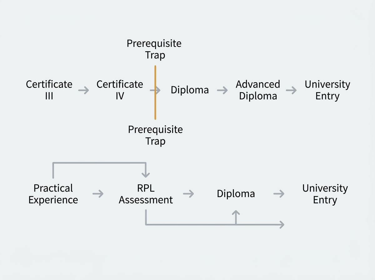 Diagram showing the standard Australian qualification chain blocked by a prerequisite versus the RPL pathway.