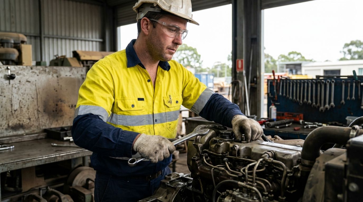 Experienced mechanical fitter working on heavy machinery at an Australian industrial site.