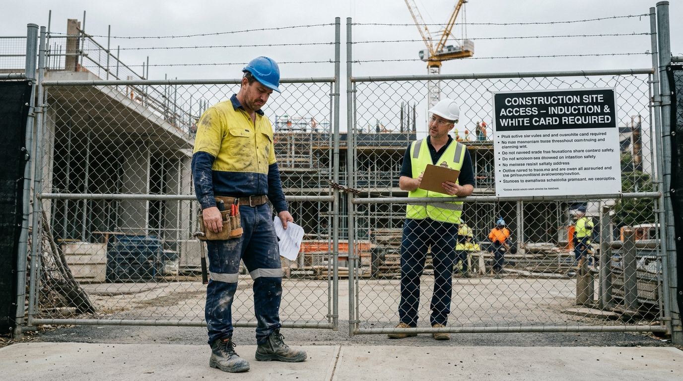 An experienced Australian plumber in high-vis stopped at a commercial construction site gate due to compliance checking.