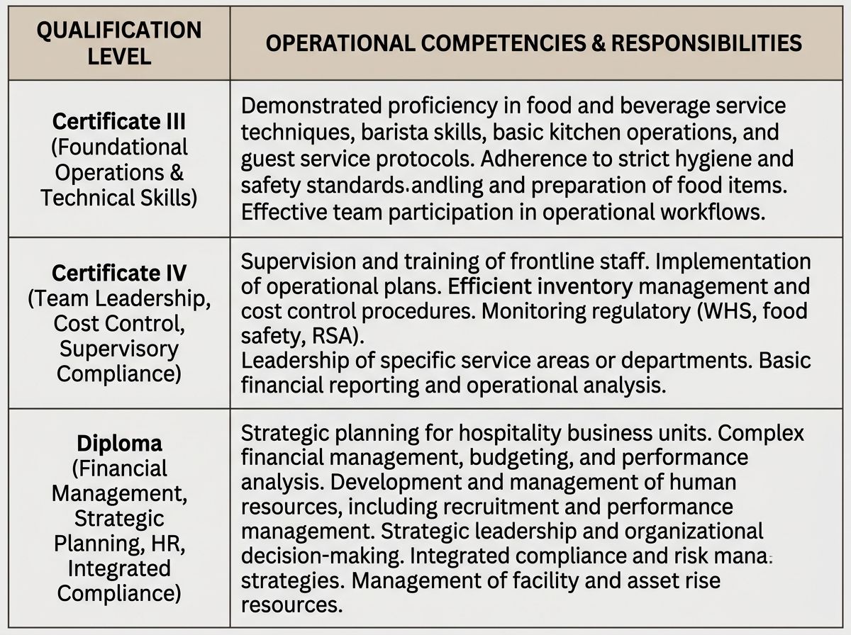 Table mapping Australian hospitality qualifications from Certificate III to Diploma level against competency domains
