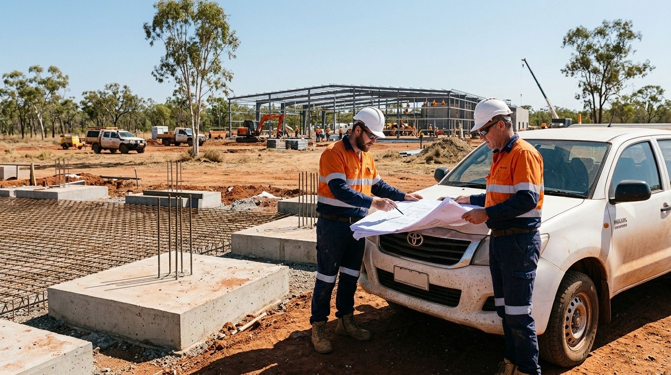 Active NT construction site with builders reviewing blueprints — builders licence NT compliance and risk management