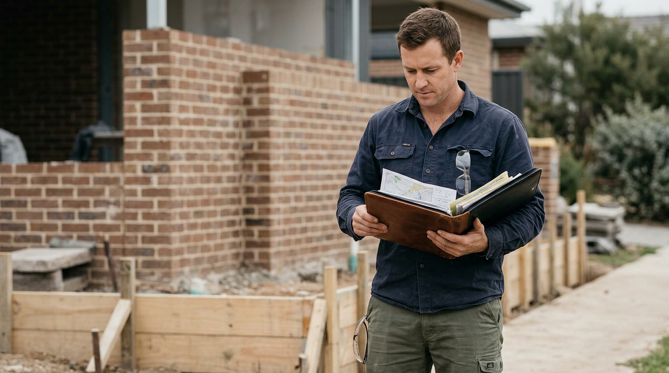 Career changer reviewing RPL evidence for Cert III Bricklaying qualification at an Australian site.