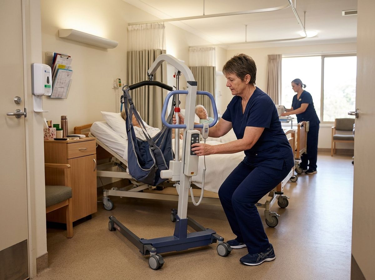 Health services assistant demonstrating safe clinical environment preparation and equipment handling on a ward.