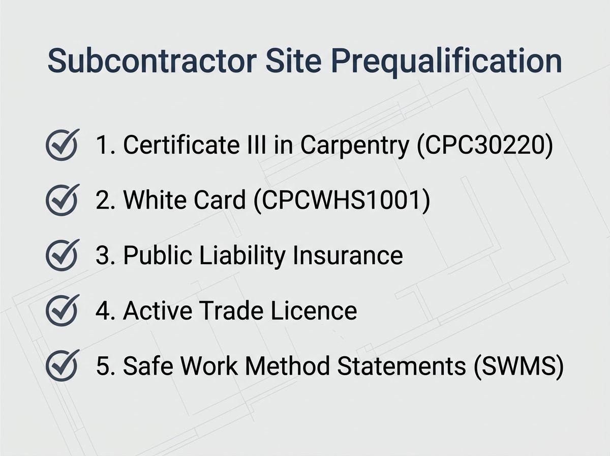 Subcontractor compliance checklist showing carpentry qualification and white card requirements