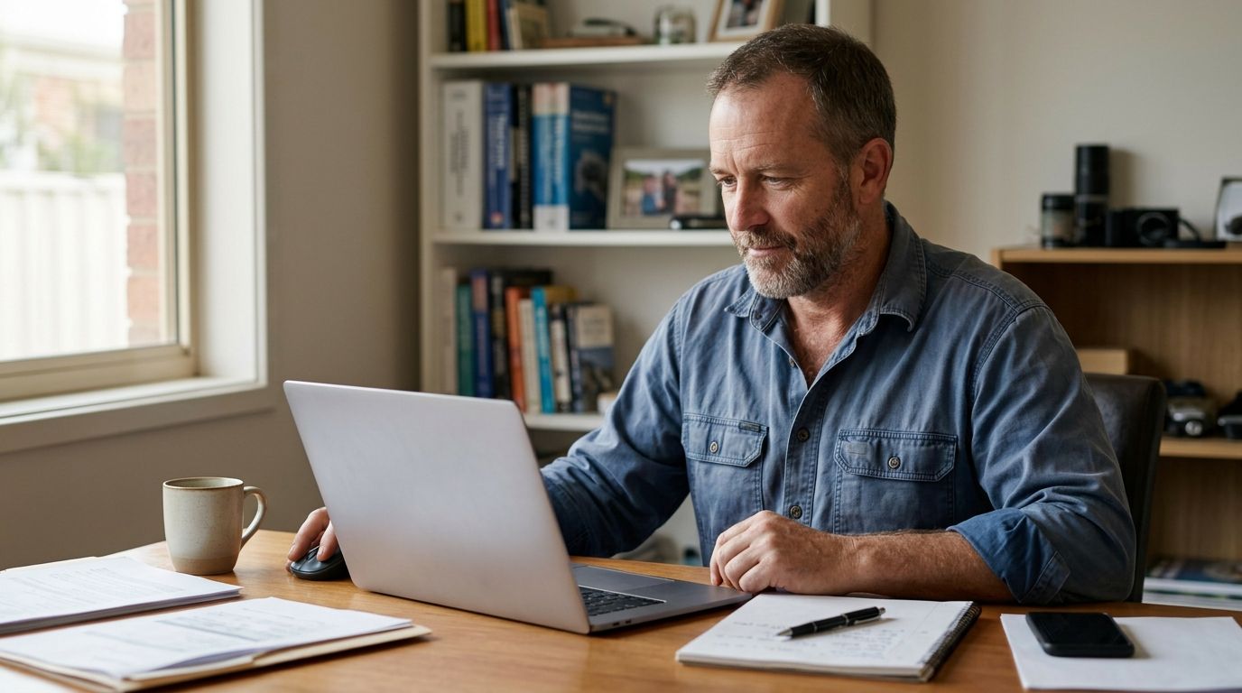 An experienced Australian worker reviews their USI transcript on a laptop in a quiet home office.