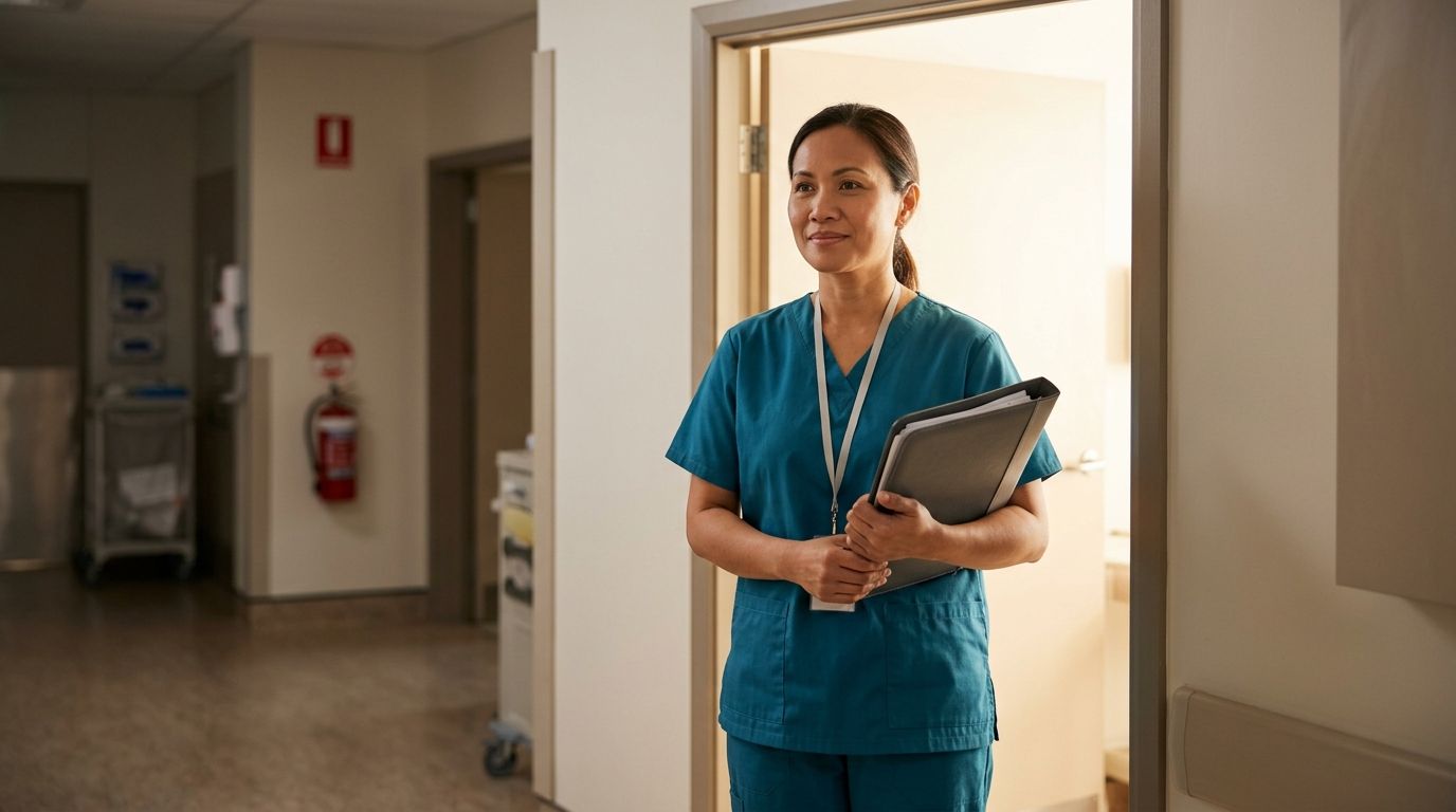 Experienced overseas healthcare worker holding documents in a clinical setting, looking toward an open doorway.