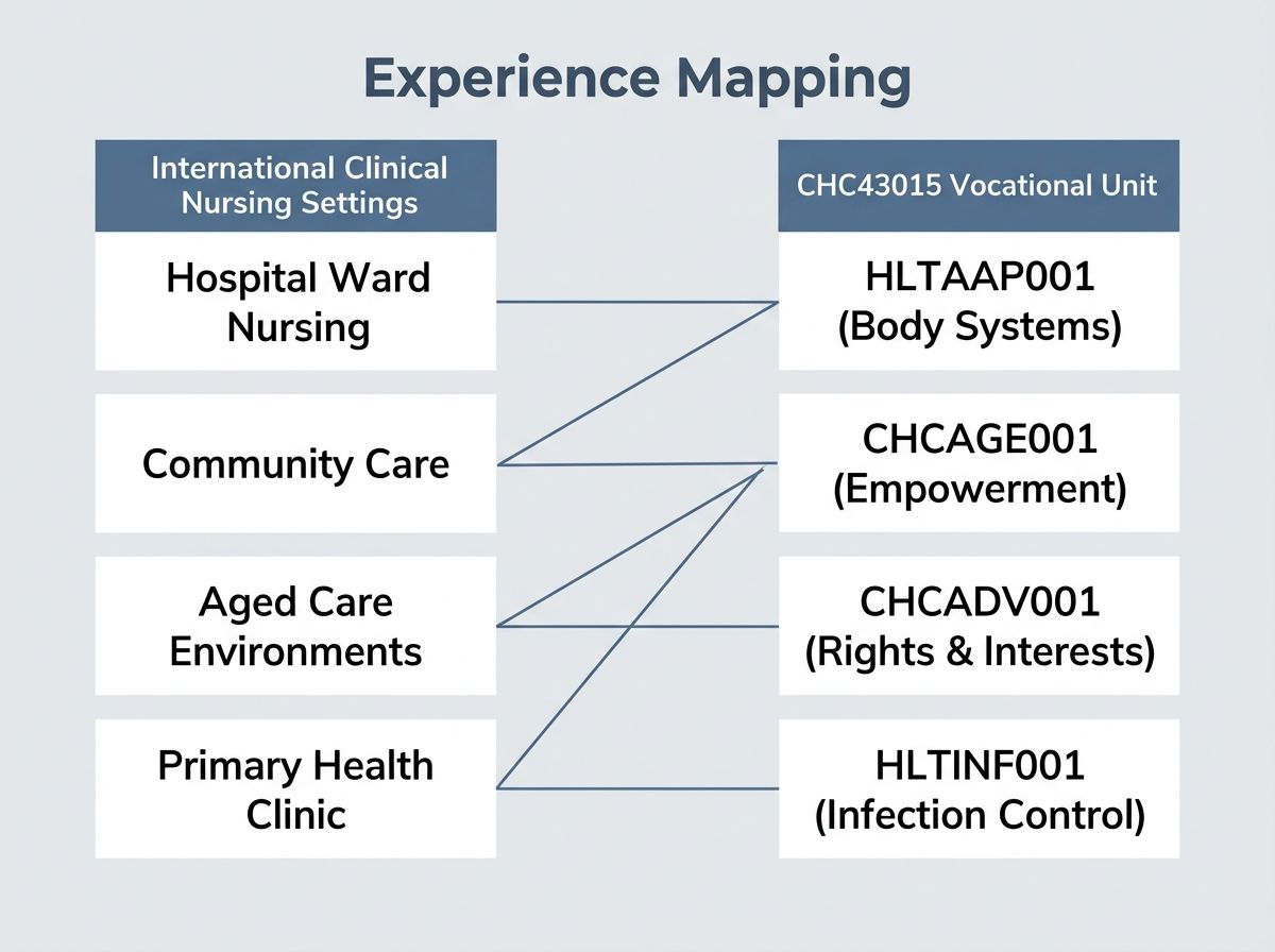Visual mapping diagram showing how overseas nursing experience aligns with CHC43015 units