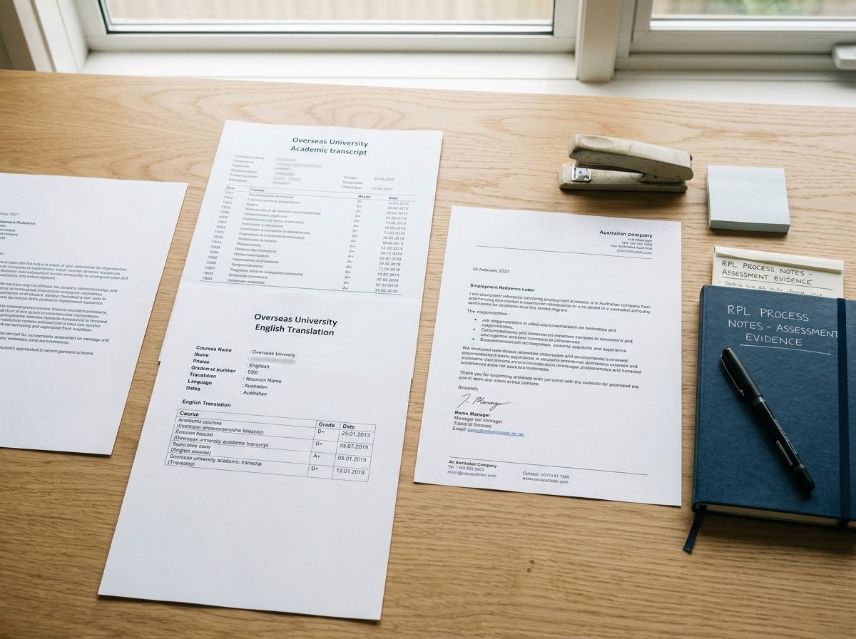 Academic transcripts and employment reference letters prepared as evidence for Australian RPL.