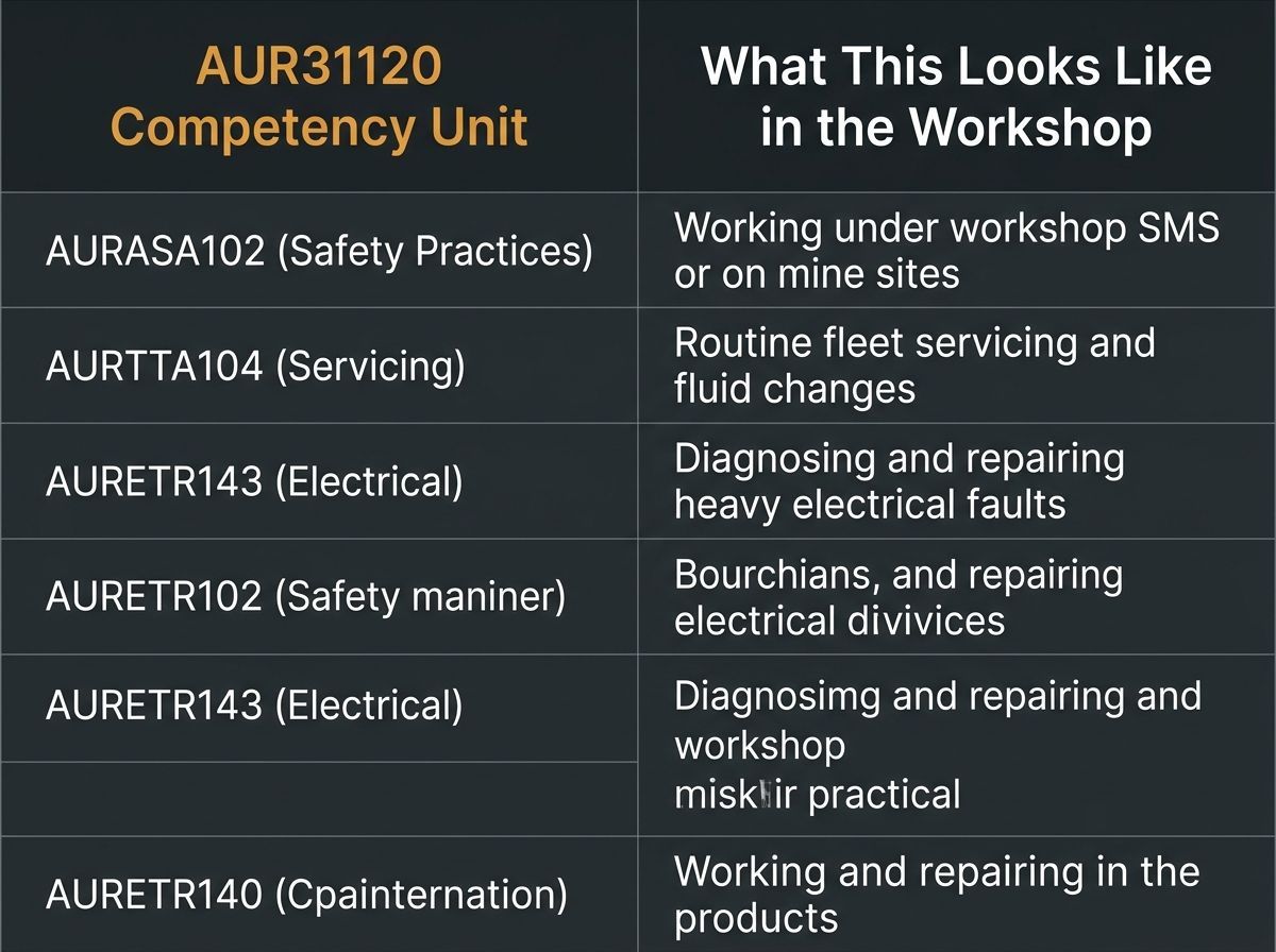 Table mapping AUR31120 competency units to real-world heavy diesel mechanic workshop evidence.