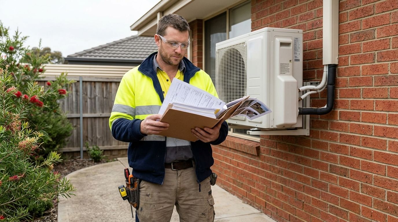 Experienced split system technician reviewing job documentation on a residential installation site in Australia