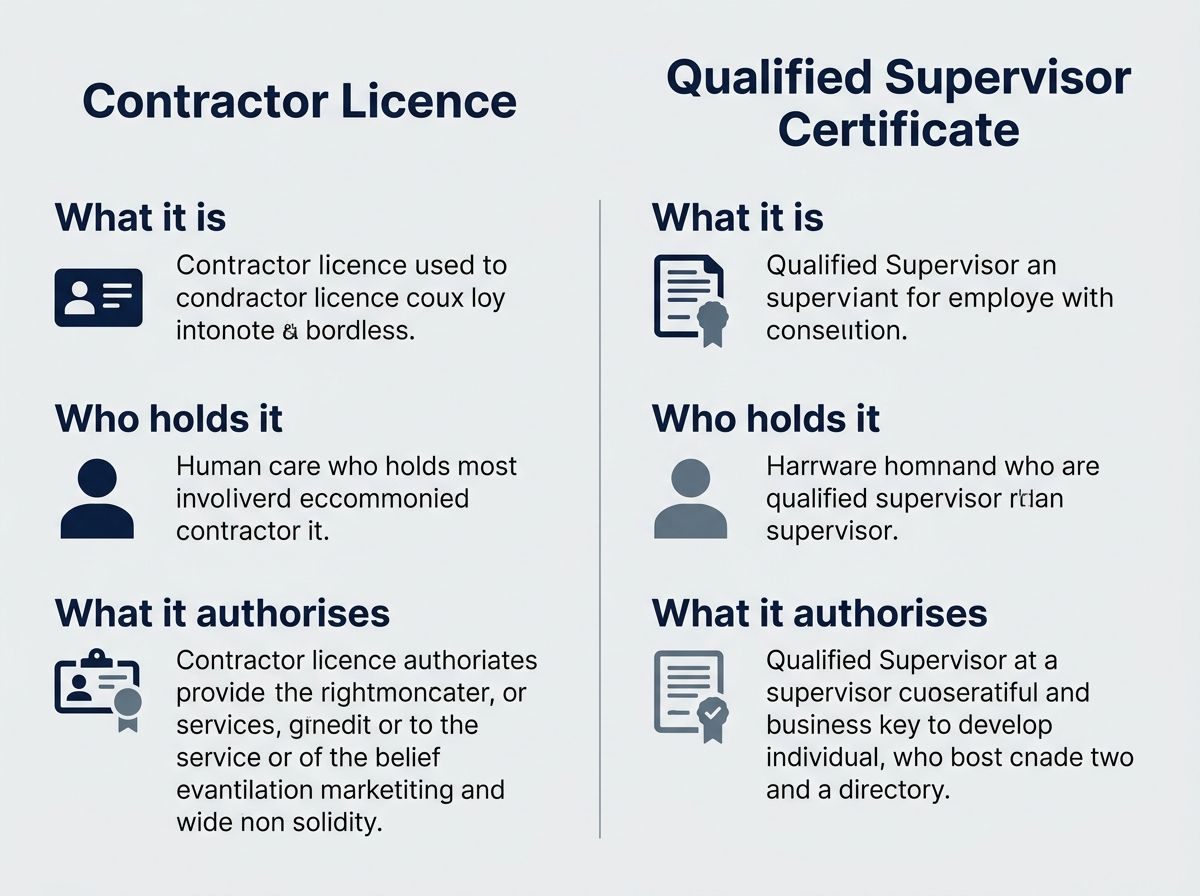 A comparison table outlining differences between a NSW Contractor Licence and a Qualified Supervisor Certificate
