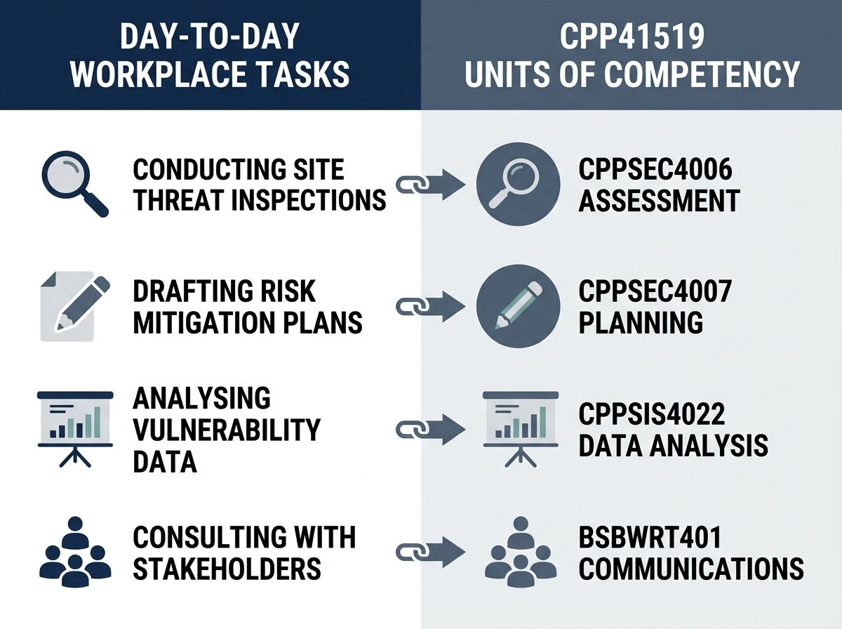 Table mapping day-to-day security risk tasks to units of competency in the CPP41519 Certificate IV.