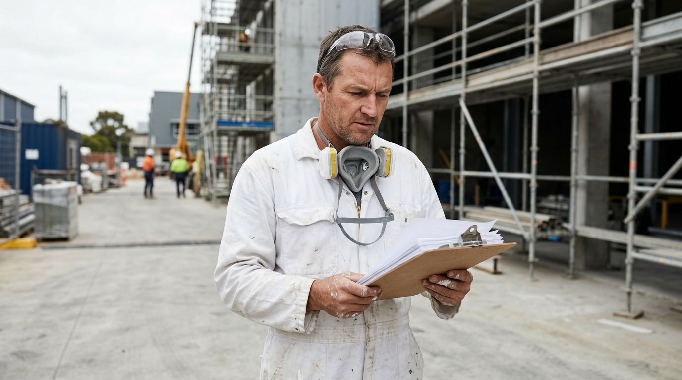 Experienced painter holding a commercial tender document on an active Australian construction site