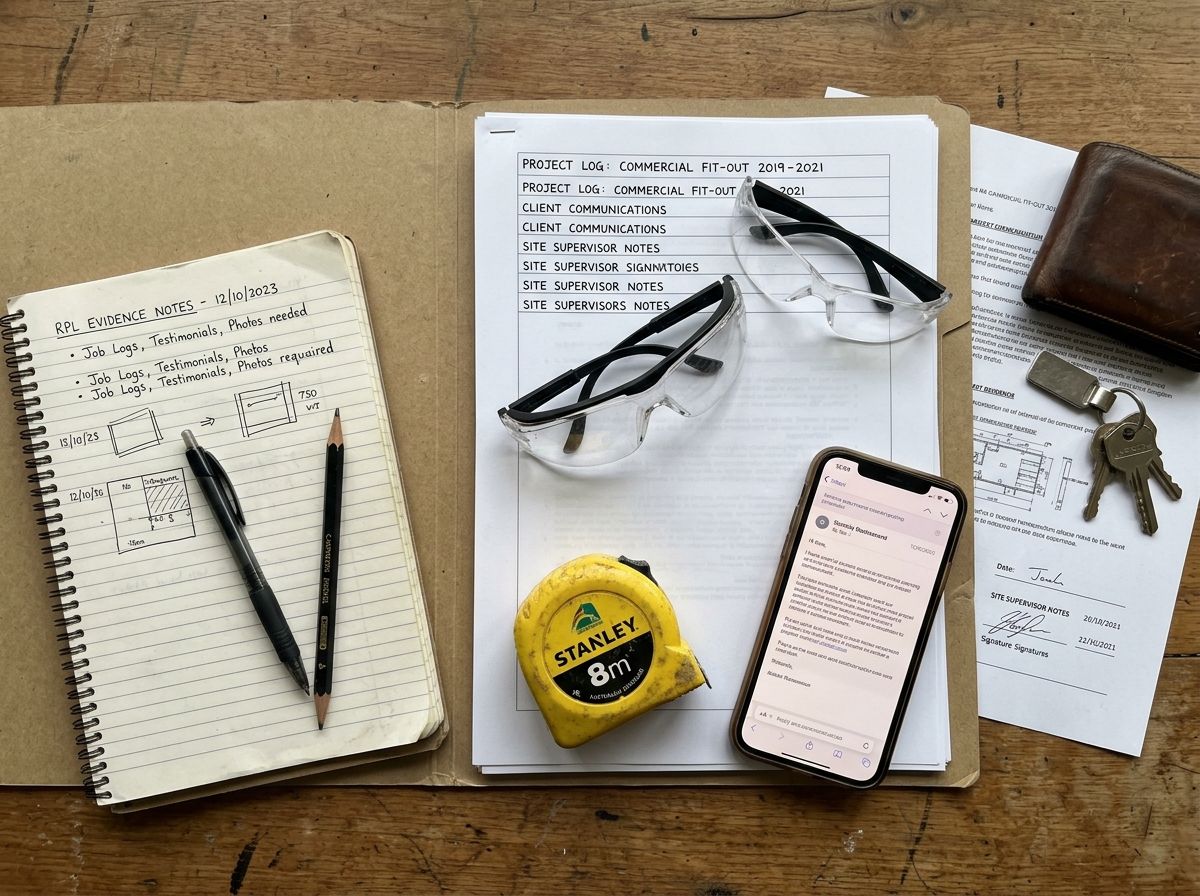 A structured collection of workplace evidence, reports, and tools laid out on an Australian supervisor's desk.