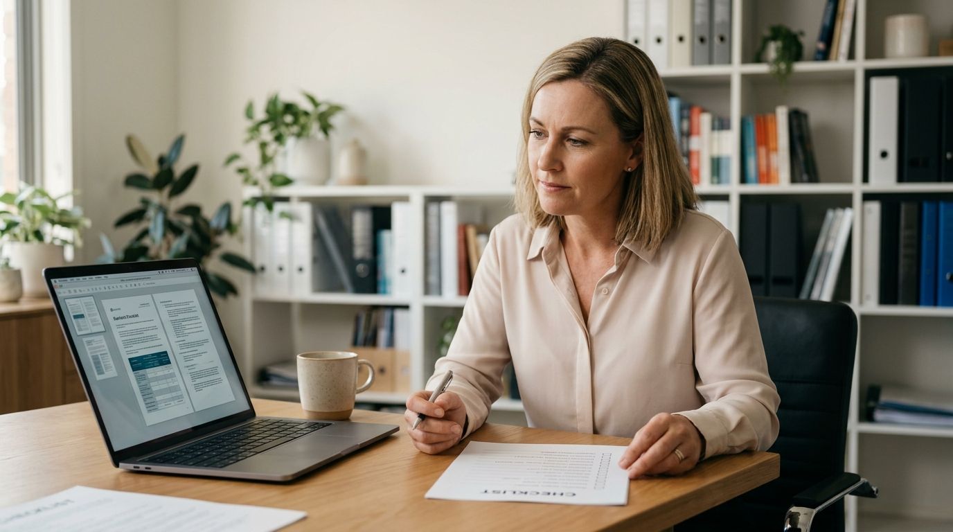 Experienced female manager reviewing a career checklist to assess RPL eligibility for a Diploma of Business.