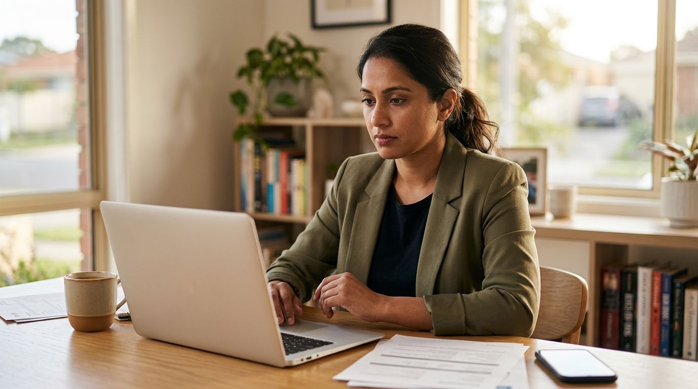 A skilled professional reads an email about her overseas qualifications not being recognised in Australia