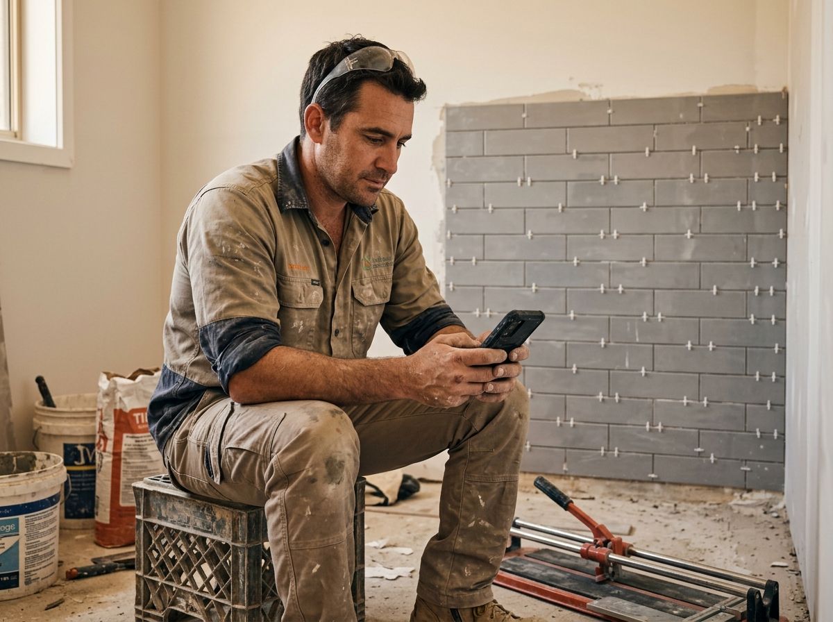 A professional tiler reviewing completed bathroom project photos on his phone at a residential work site.
