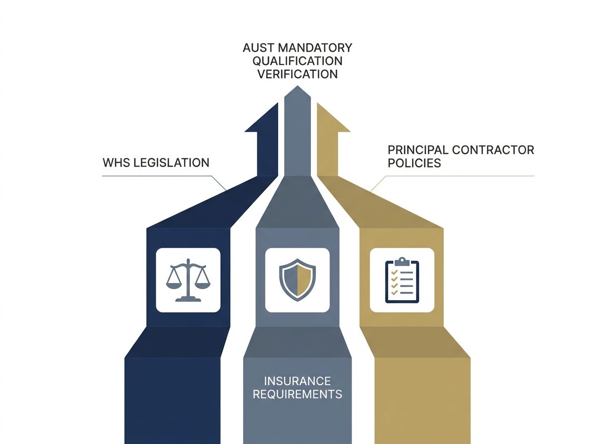 Diagram showing three drivers of construction compliance: WHS legislation, insurance requirements, and contractor policies.