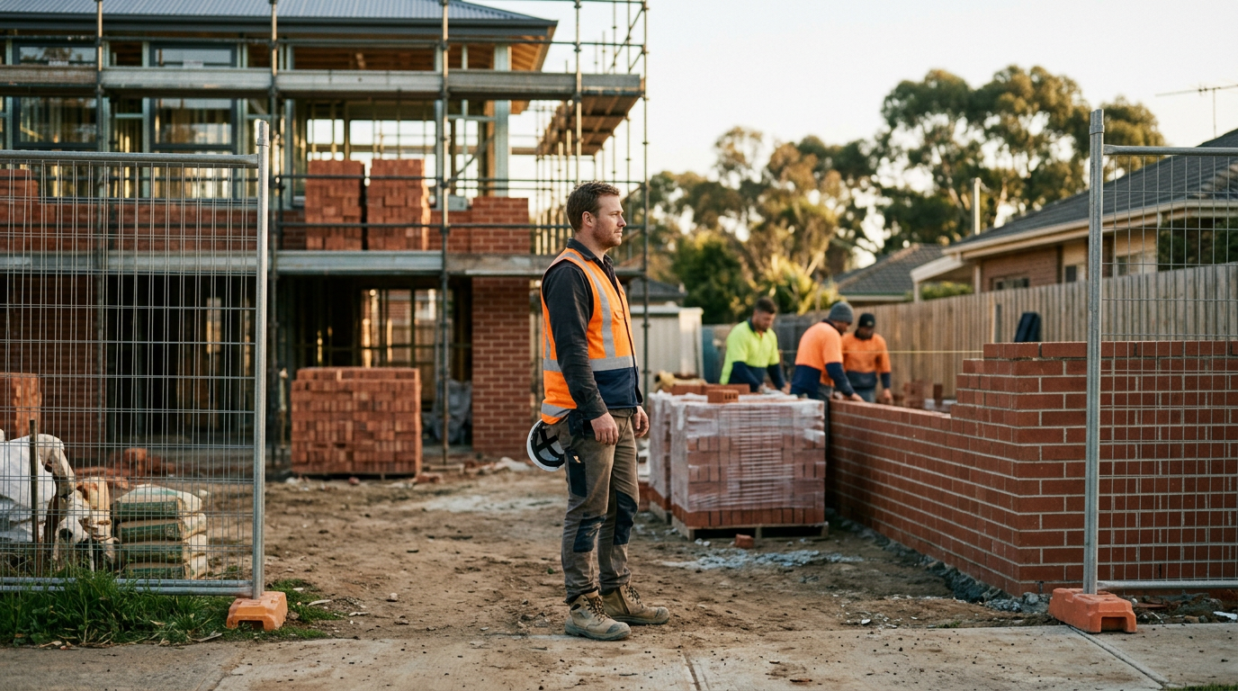 Professional in a logistics vest looking at an Australian construction site, planning a career pivot to bricklaying.