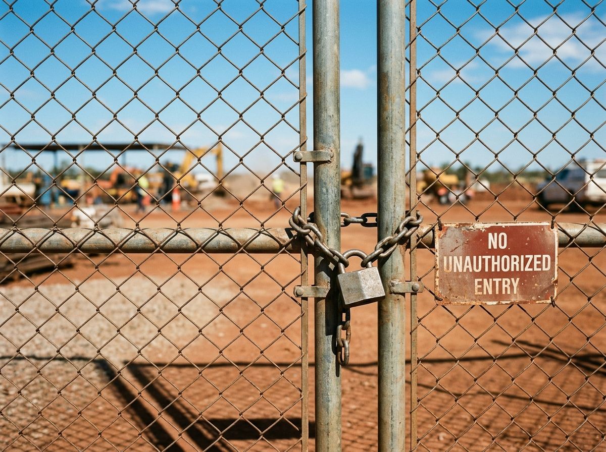 Closed chain-link security gate with a padlock on an Australian construction site, representing licensing barriers.