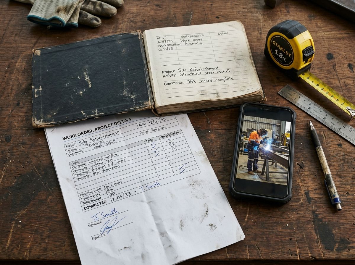 Physical evidence documents like a site logbook and work orders prepared for an RPL certificate assessment.