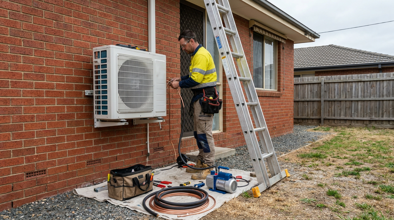 Tradesperson working on a split system outdoor air conditioning unit on a brick wall