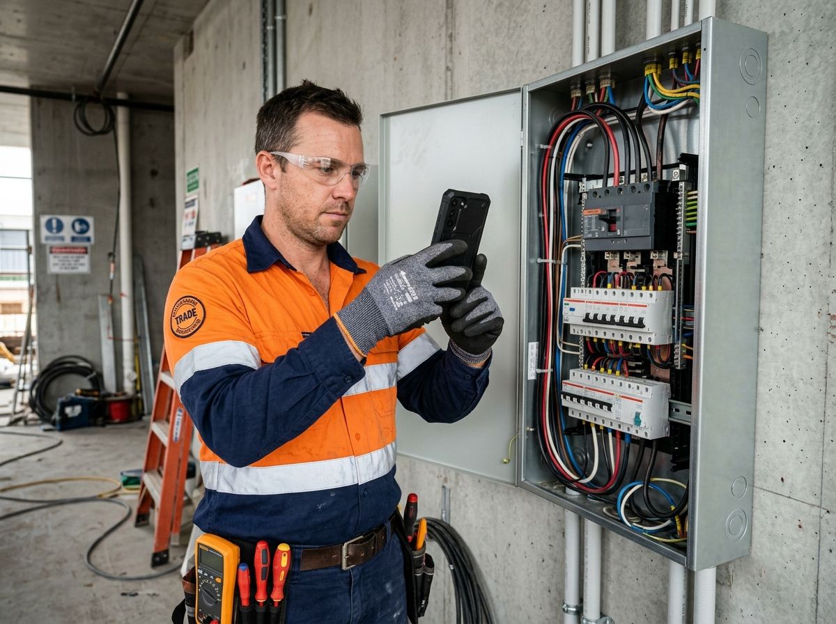 An experienced electrician in PPE photographing a neat commercial distribution board for RPL evidence.