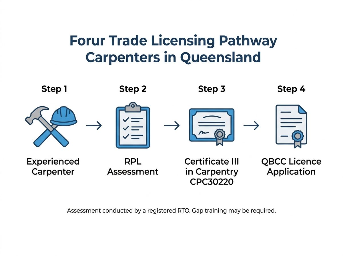 Process diagram showing the RPL pathway from experienced carpenter to QBCC carpentry licence application