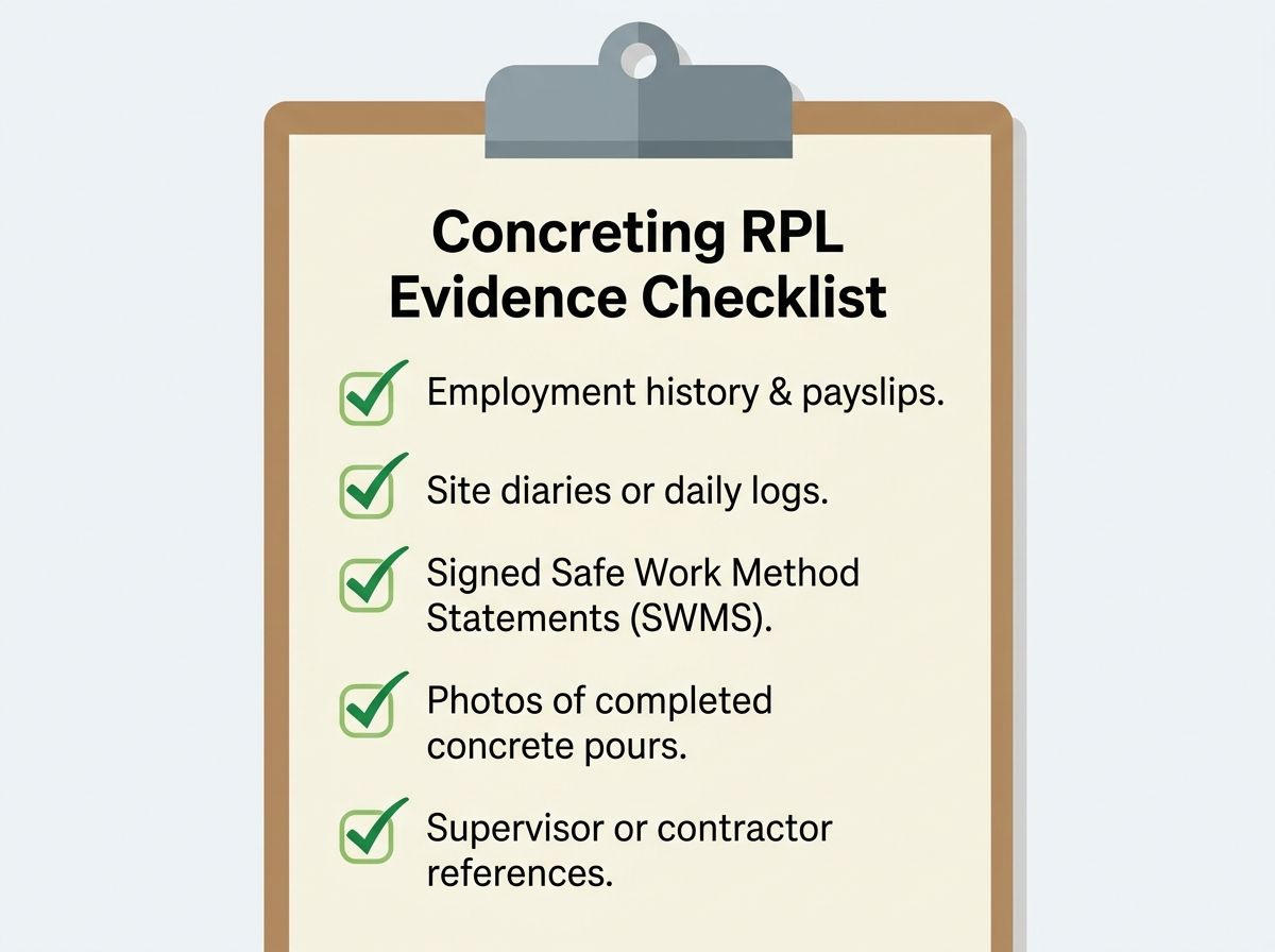 Checklist graphic showing standard evidence required for a concreting RPL assessment.