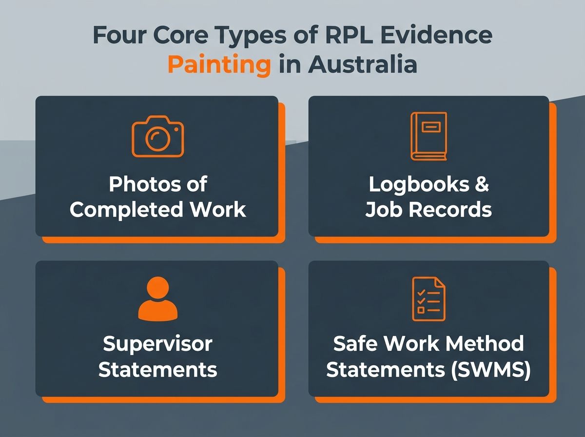 Infographic showing the four types of evidence required for painting RPL: photos, logbooks, supervisor statements, and SWMS.