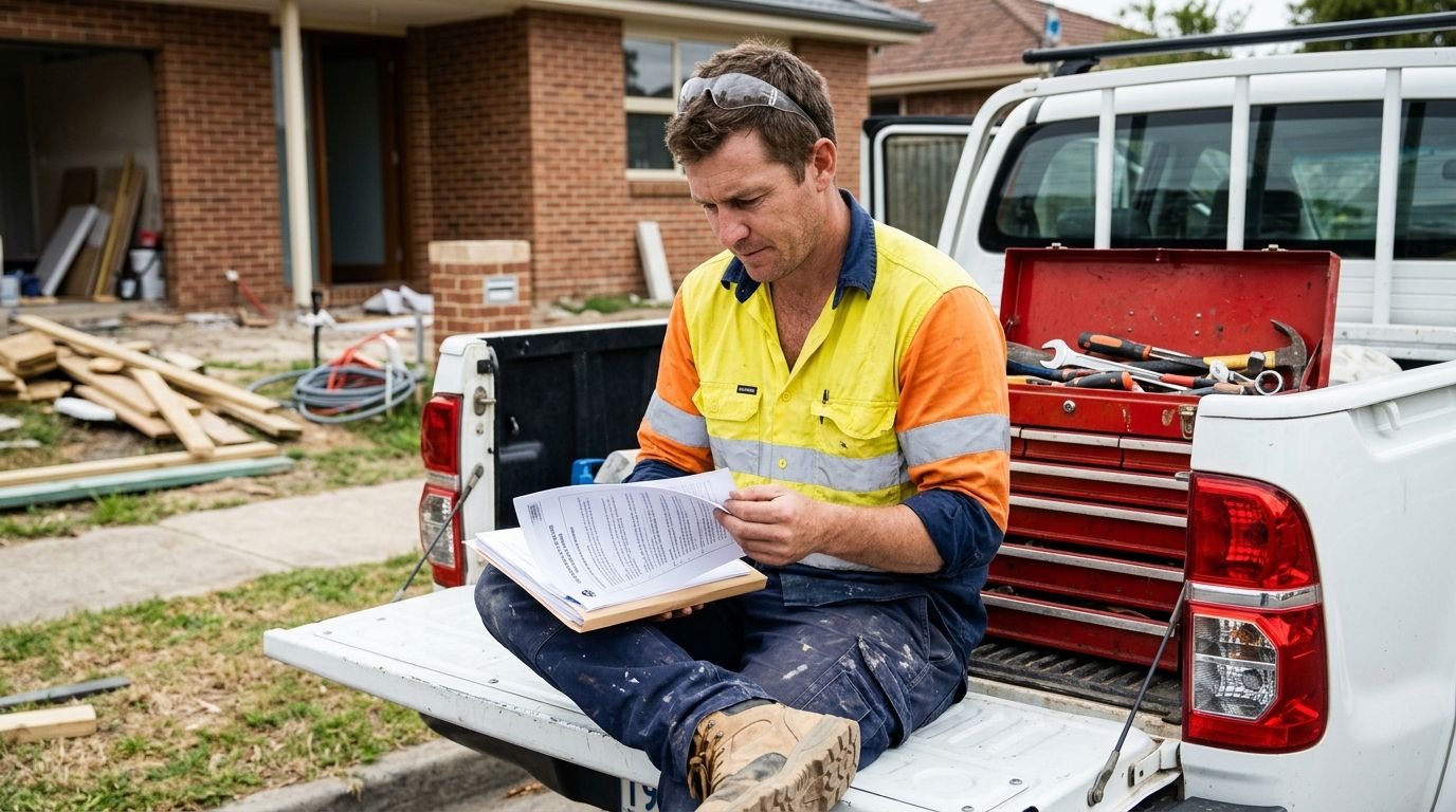 An experienced Australian tradesperson in workwear reviews a contract on a ute tailgate